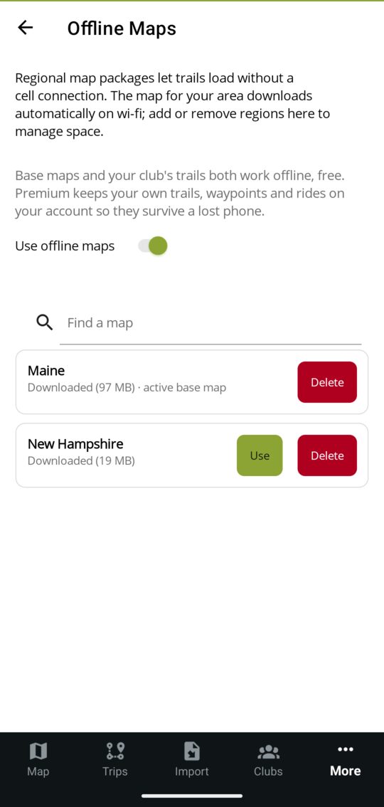 The offline maps screen: Maine downloaded at 97 MB and the active base map, New Hampshire downloaded at 19 MB