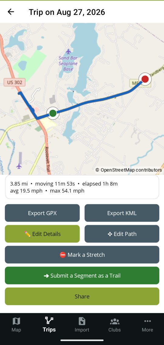A recorded ride: 3.85 miles, 11m 53s moving, 1h 8m elapsed, average 19.5 mph, with Export GPX, Export KML, Edit Details, Edit Path, Mark a Stretch, Submit a Segment as a Trail and Share