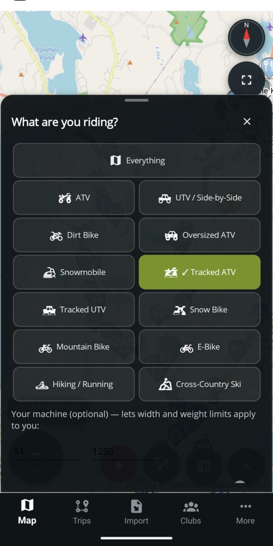The riding mode sheet, What are you riding? — Everything, then twelve machines in a grid: ATV, UTV / Side-by-Side, Dirt Bike, Oversized ATV, Snowmobile, Tracked ATV (ticked), Tracked UTV, Snow Bike, Mountain Bike, E-Bike, Hiking / Running and Cross-Country Ski, above optional width and weight fields reading 51 and 1250